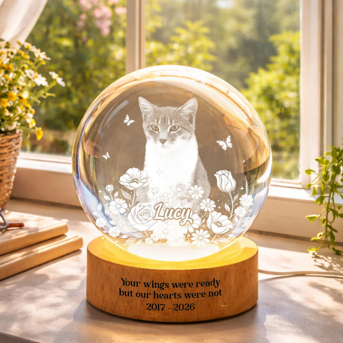 Personalized Pet Photo Crystal Sphere Night Lamp – Custom Dog & Cat Portrait 3D Etched LED Memorial Gift