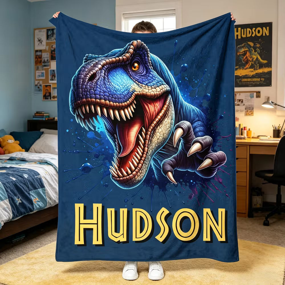 Personalised Dinosaur Fleece Blanket with Name for Kids, Cosy Birthday Gift