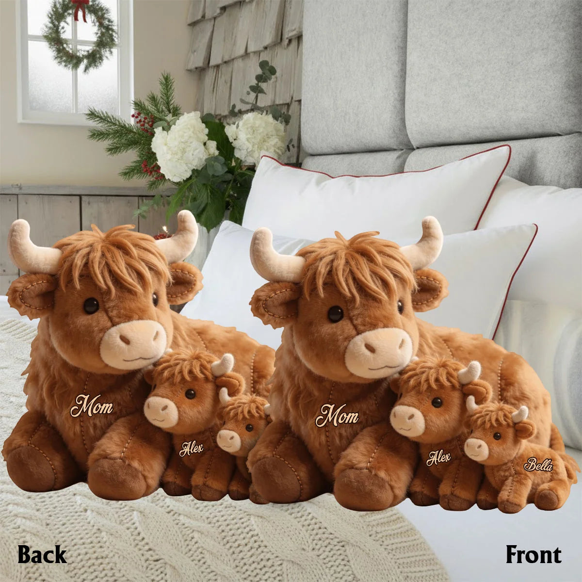 Personalized Cute Highland Cow Mama & Baby Faux Fur Shaped Pillow – Custom Name Mother’s Day Gift Throw Pillow for Home & Nursery Decor
