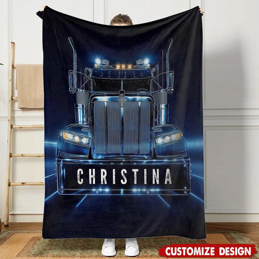 Personalized Semi Truck Driver Blanket – Custom Name Long Haul Trucker Fleece & Sherpa Throw Gift