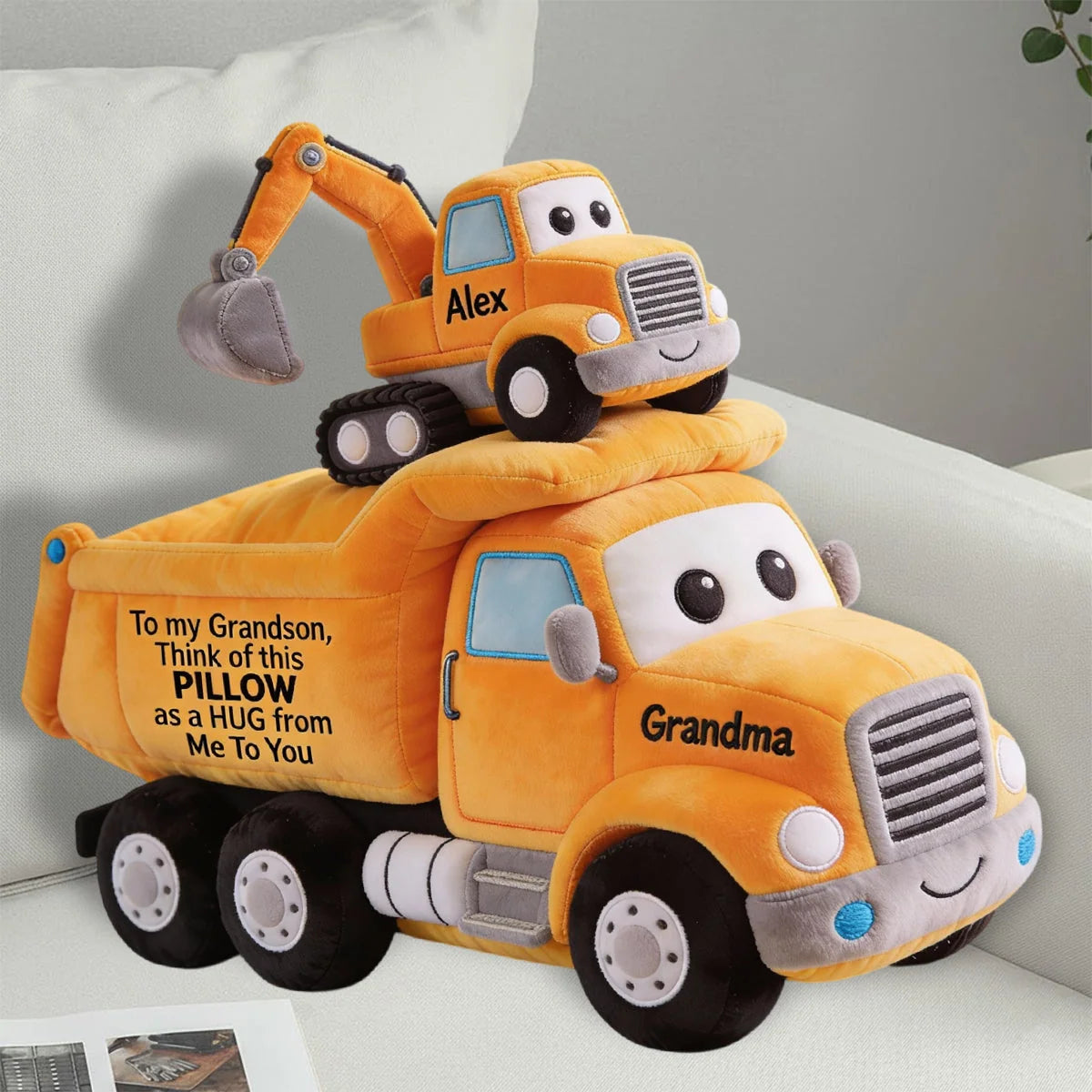 Personalized Construction Truck Faux Fur Shaped Pillow – Custom Name Dump Truck & Excavator Plush Cushion for Kids Room Decor & Gift