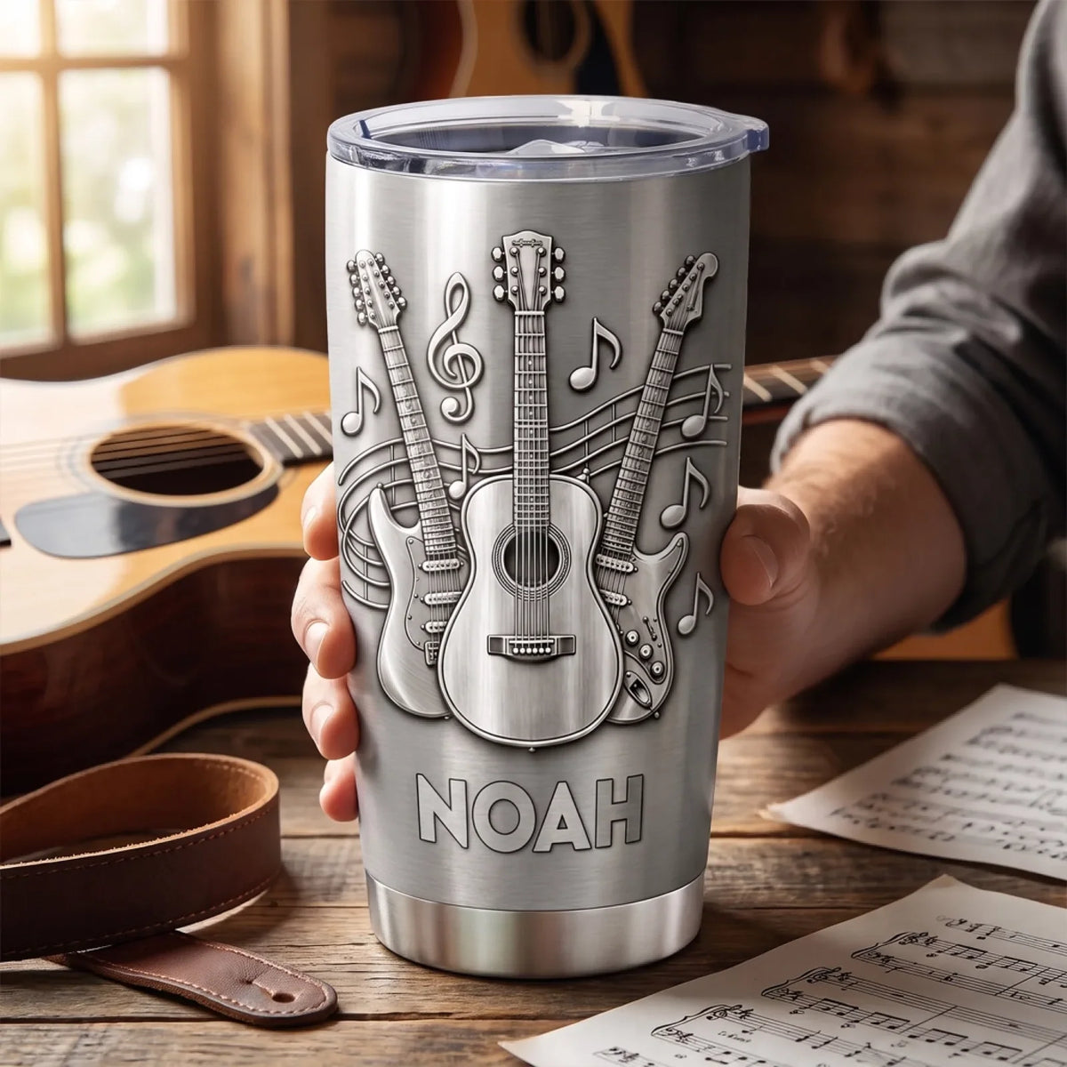Personalized Guitar Music Tumbler – Custom Name Stainless Steel Travel Mug Gift for Guitarists & Musicians