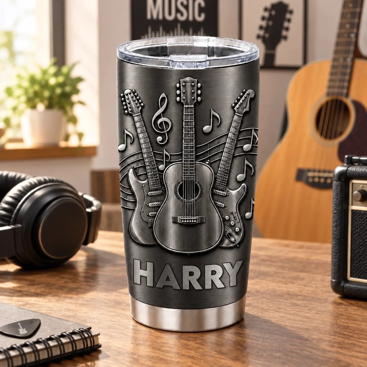 Personalized Guitar Music Tumbler – Custom Name Stainless Steel Travel Mug Gift for Guitarists & Musicians