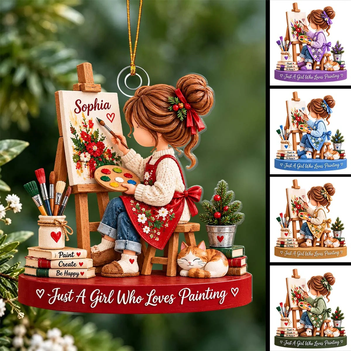 Personalized Artist 3D Effect Christmas Ornament – Custom Name Little Girl Painter Gift for Art Lover