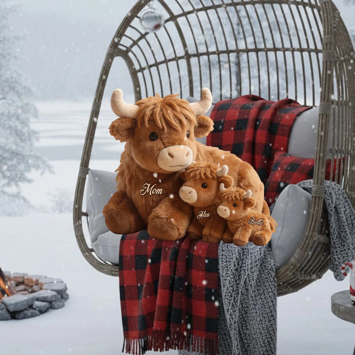 Personalized Cute Highland Cow Mama & Baby Faux Fur Shaped Pillow – Custom Name Mother’s Day Gift Throw Pillow for Home & Nursery Decor