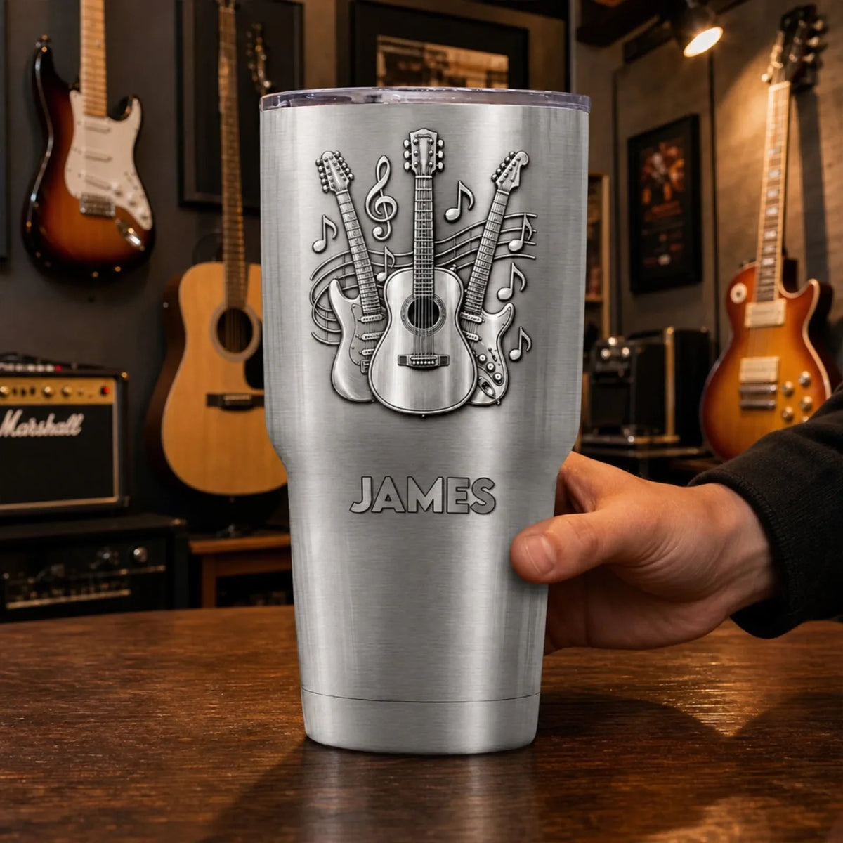Personalized Guitar Music Tumbler – Custom Name Stainless Steel Travel Mug Gift for Guitarists & Musicians
