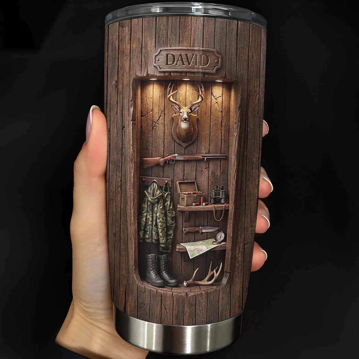 Personalized Hunting Spirit Deer Cabin Tumbler – Custom Name Stainless Steel Travel Mug Gift for Hunters & Dad
