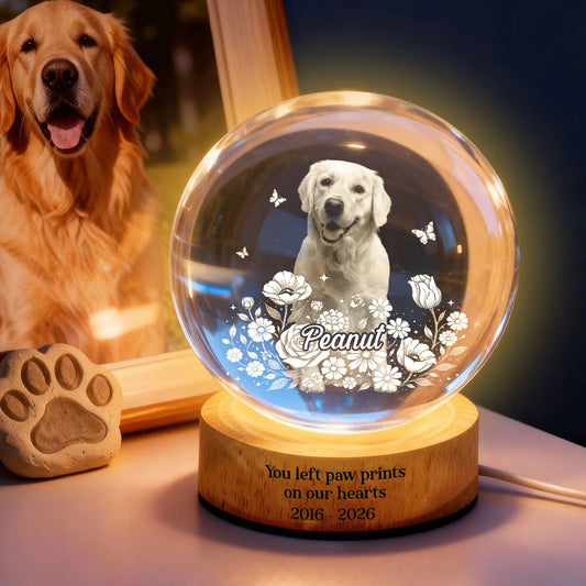 Personalized Pet Photo Crystal Sphere Night Lamp – Custom Dog & Cat Portrait 3D Etched LED Memorial Gift