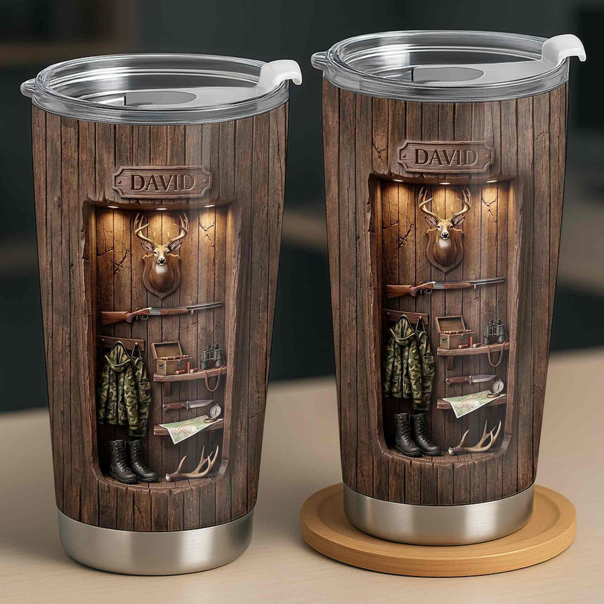 Personalized Hunting Spirit Deer Cabin Tumbler – Custom Name Stainless Steel Travel Mug Gift for Hunters & Dad