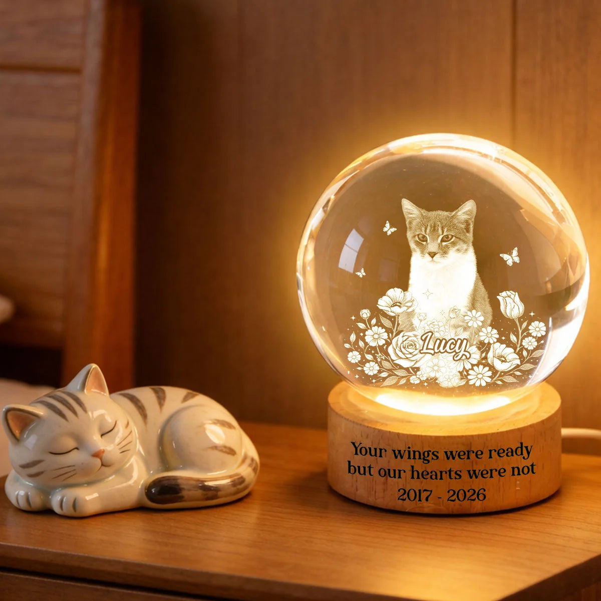 Personalized Pet Photo Crystal Sphere Night Lamp – Custom Dog & Cat Portrait 3D Etched LED Memorial Gift