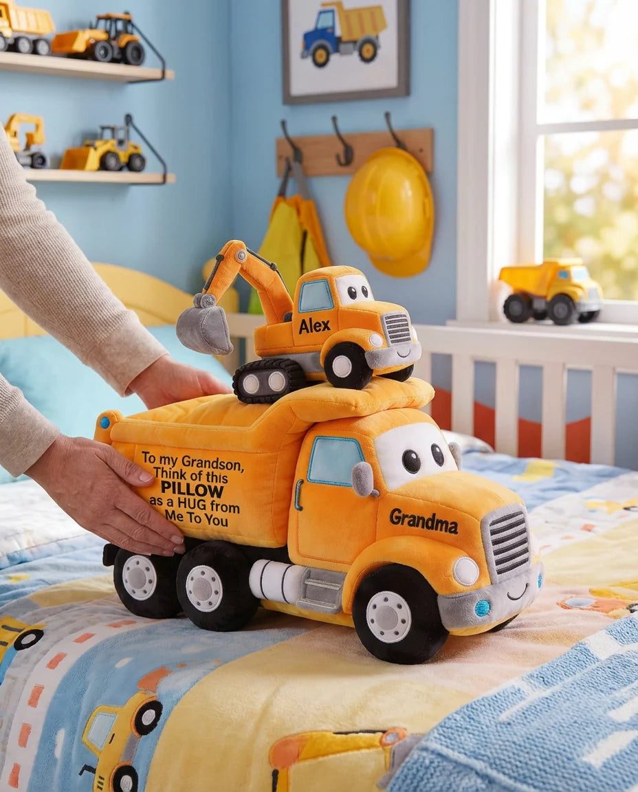 Personalized Construction Truck Faux Fur Shaped Pillow – Custom Name Dump Truck & Excavator Plush Cushion for Kids Room Decor & Gift