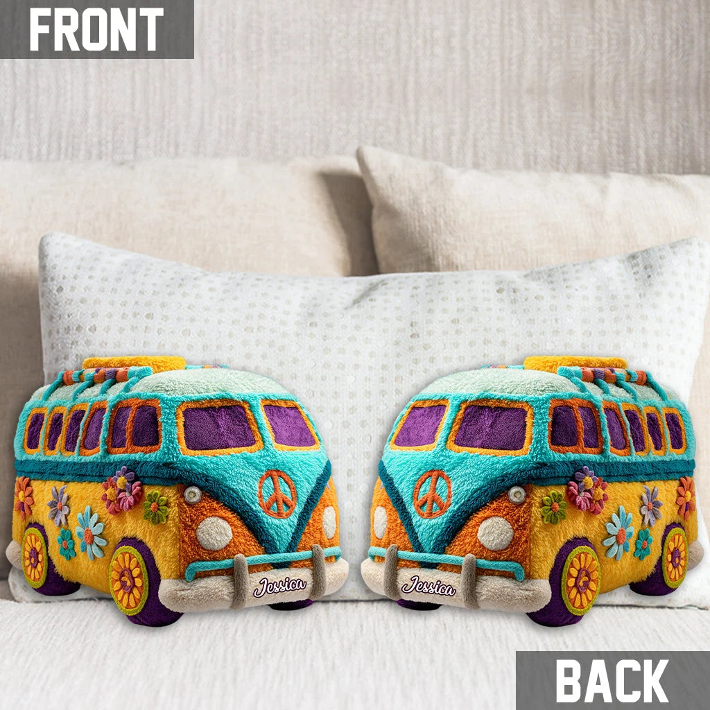 Personalized Hippie Van Shaped Pillow – Custom Name Vintage Camper Bus Plush Throw Pillow for Boho Decor & Gift