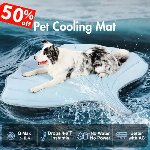 Cooling Pet Mat shaped like a leaf with dog lounging on water-themed background. Promotes instant cooling without water or power.