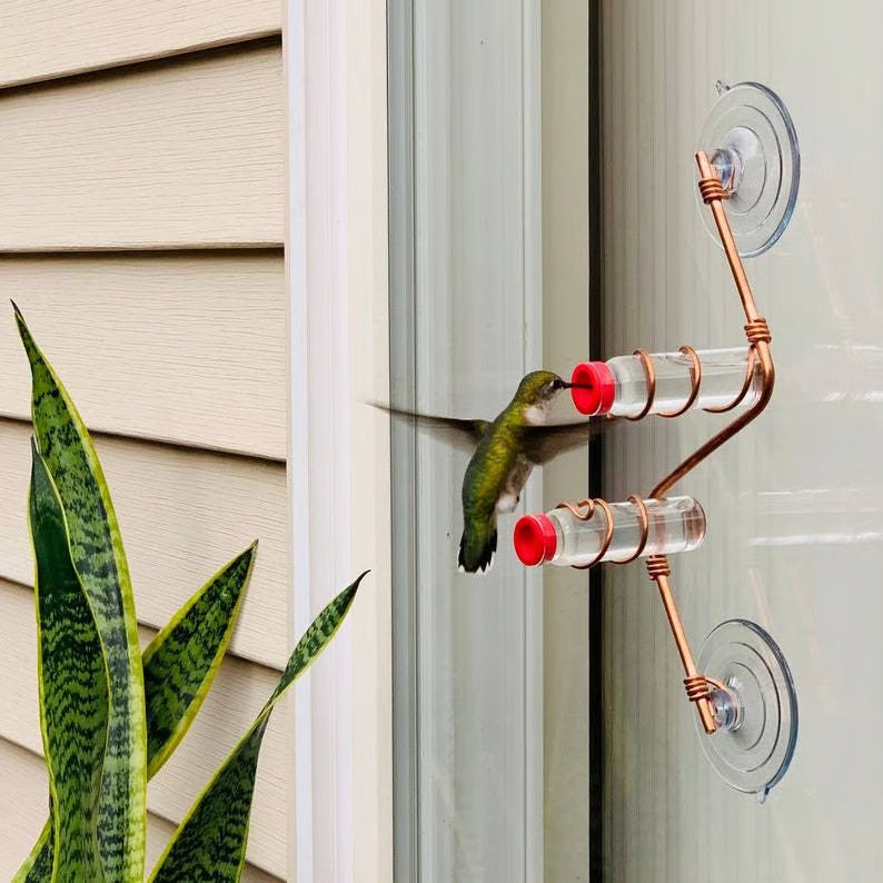 Window Hummingbird Feeder, Handcrafted Copper and Aluminum