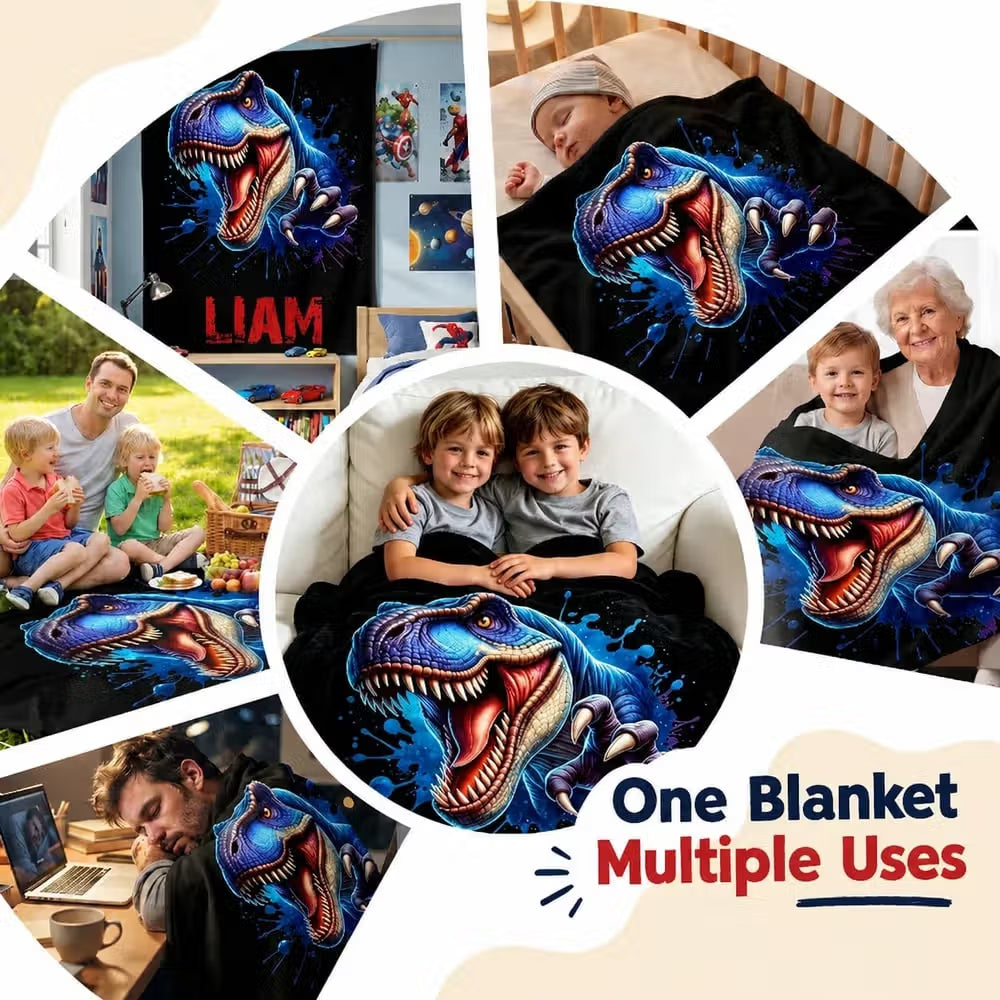 Personalised Dinosaur Fleece Blanket with Name for Kids, Cosy Birthday Gift