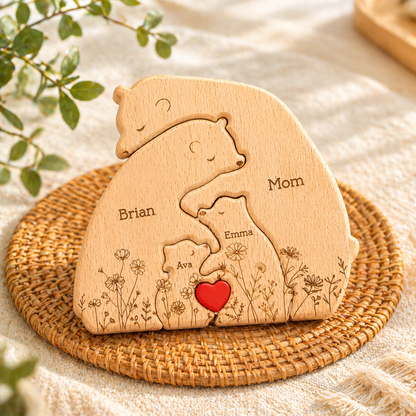 Personalisiertes Holzpuzzle „Bärenfamilie“ – Individuelles Namensgeschenk für Mama, Muttertag, Familienerbstück Deko