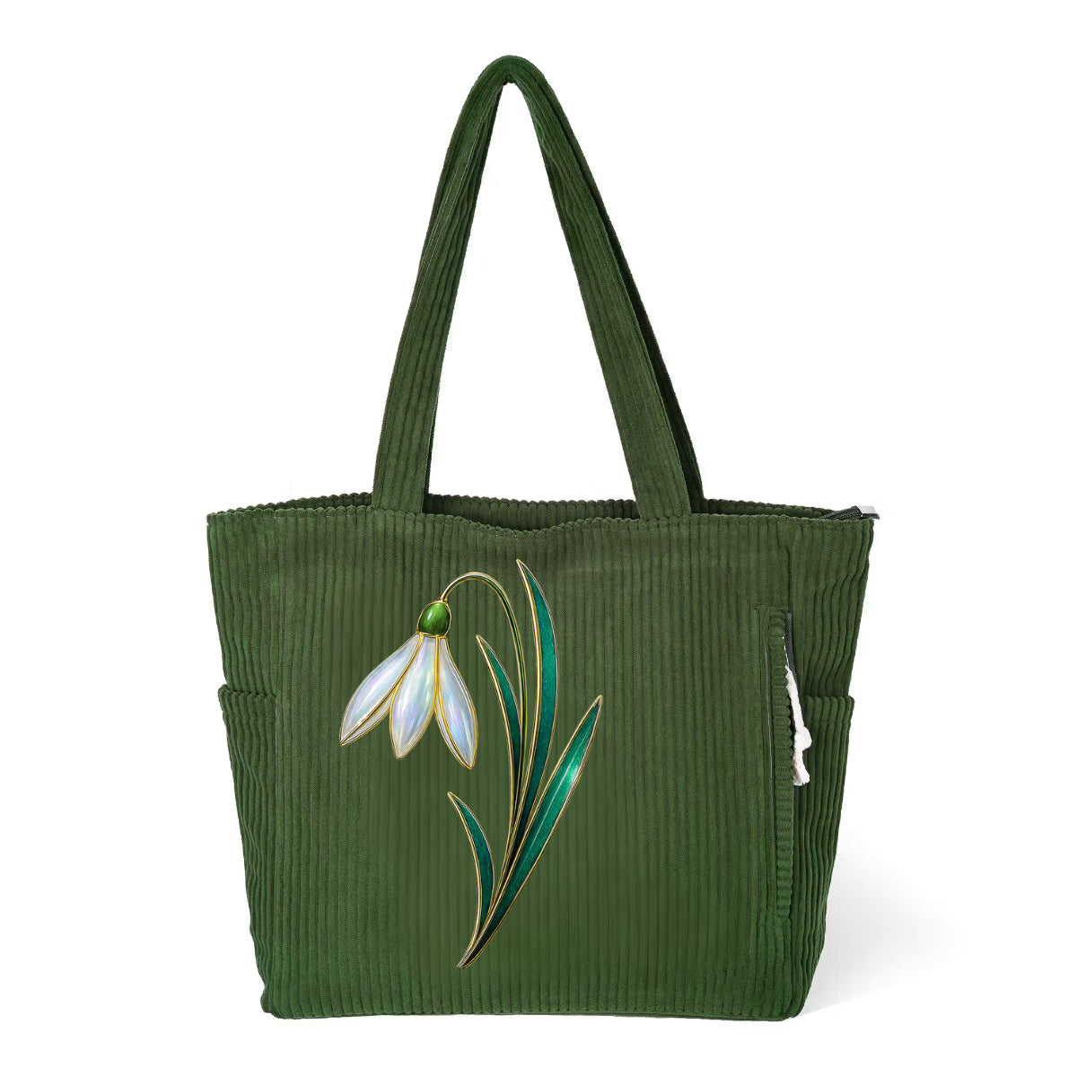 Custom Name Mother of Pearl Effect Birth Flower Corduroy Tote Bag, Large Capacity Zippered Handbag with Side Pockets, Birthday Gift for Her/Mom/Women