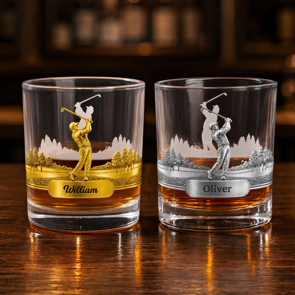 Personalised Golf Swing Character Name 10 oz Rock Old Fashioned Whisky Glass Father's Day Birthday Gift for Man Golf Lover