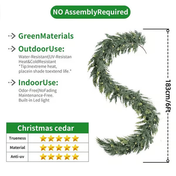 Pre-Lit Cedar Christmas Garland – 6FT of Warm LED Glow & Lifelike Pine for Cozy Holiday Spaces