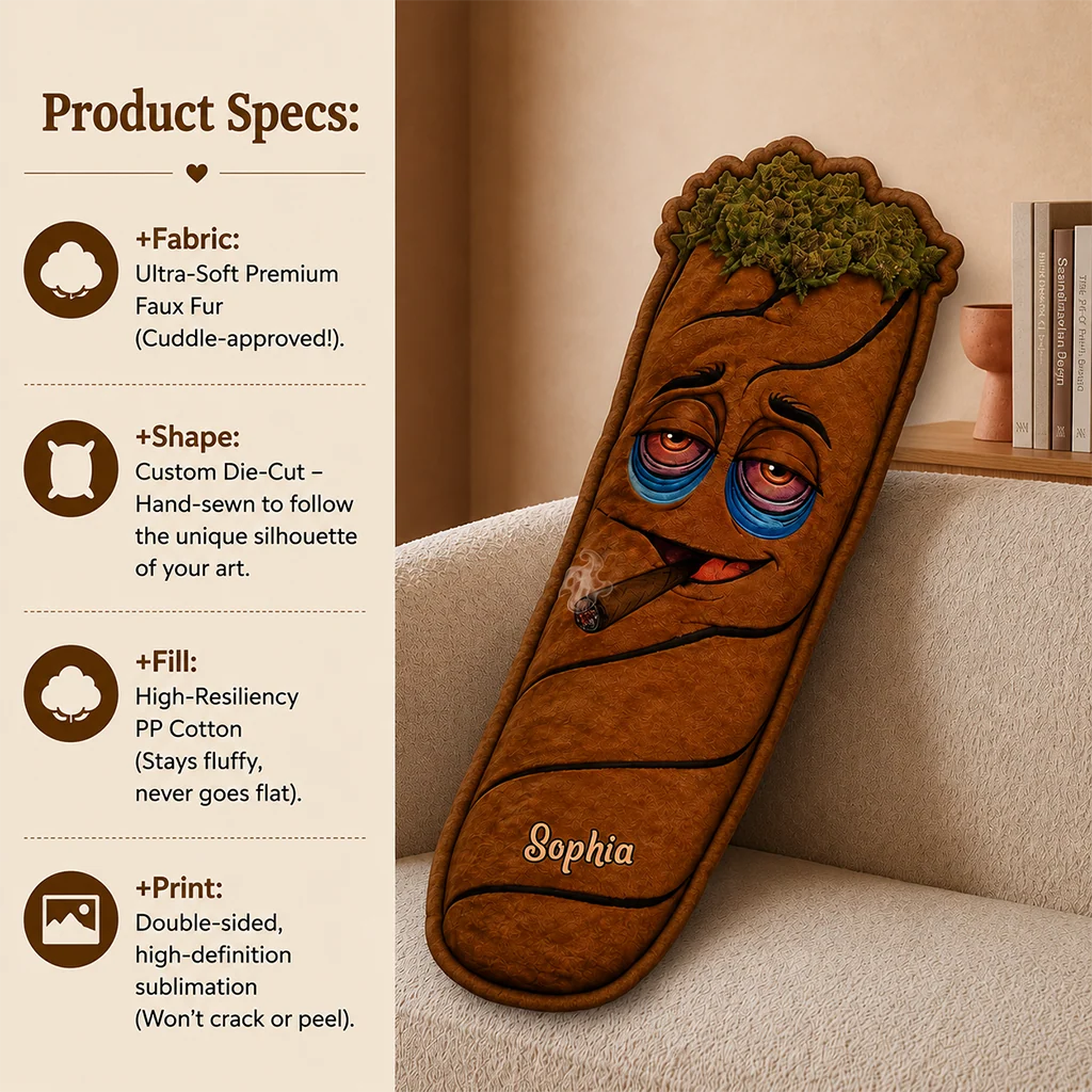 Personalized Blunt Joint Shaped Faux Fur Pillow – Custom Name Novelty Plush Cushion for Chill Decor & Stoner Gifts