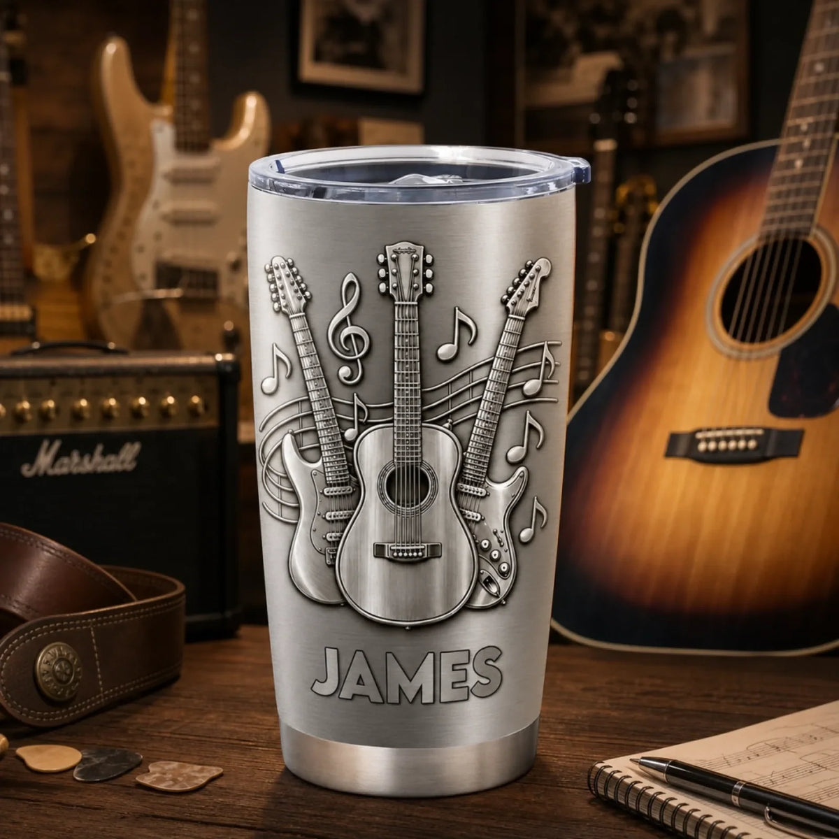 Personalized Guitar Music Tumbler – Custom Name Stainless Steel Travel Mug Gift for Guitarists & Musicians