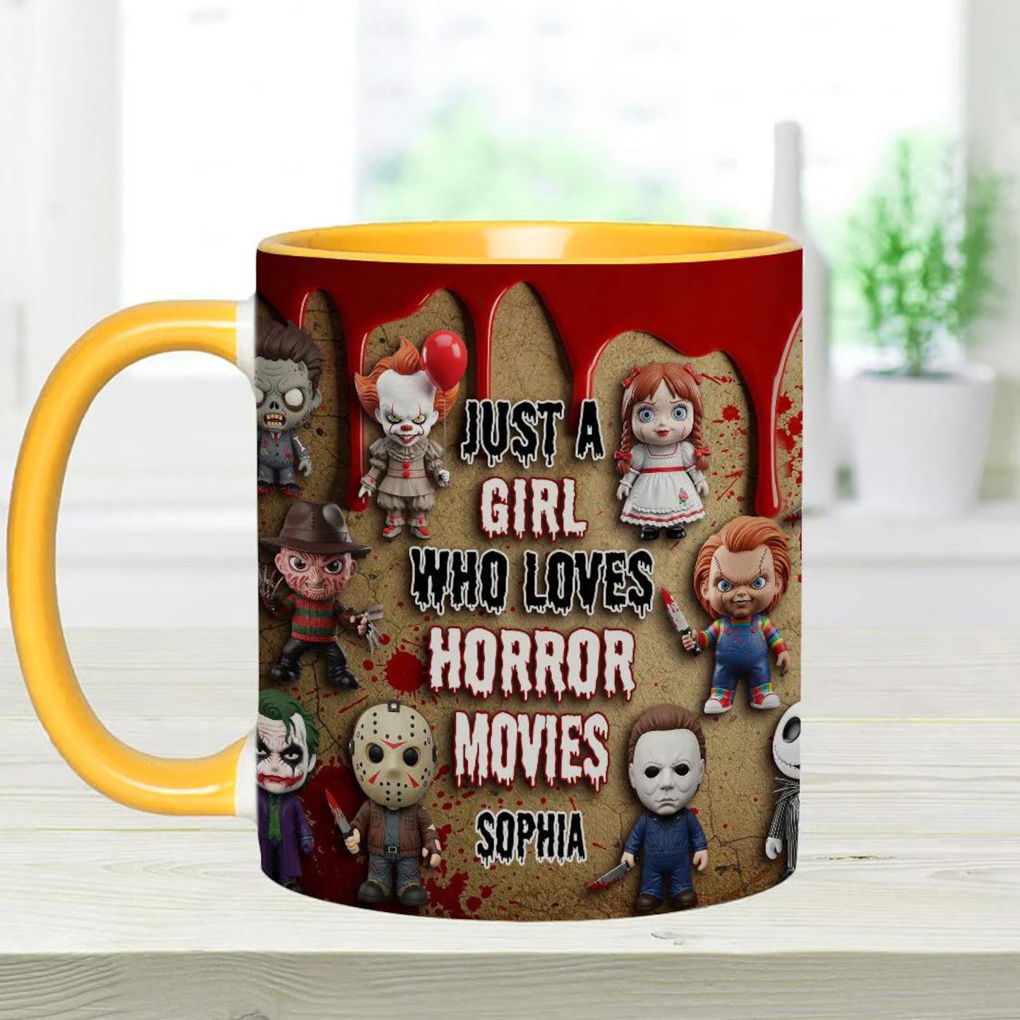 Just A Girl Who Loves Horror Movies - Personalized Accent Mug, Gift for Film Buffs, Coffee Lover's Mug, Unique Mug for Parties, Halloween