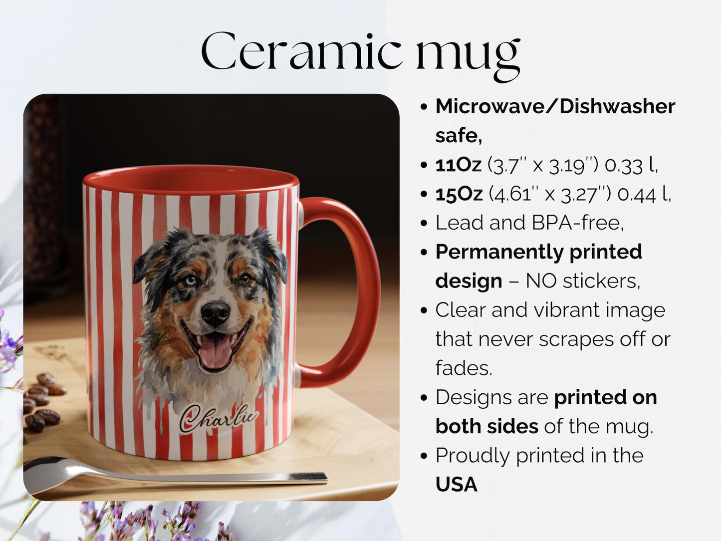 Custom Pet Portrait Mug, Personalized Watercolor Drawing from Dog & Cat Photo Cup, Pet Face Picture Gift for Animal Owner Image Striped Mug