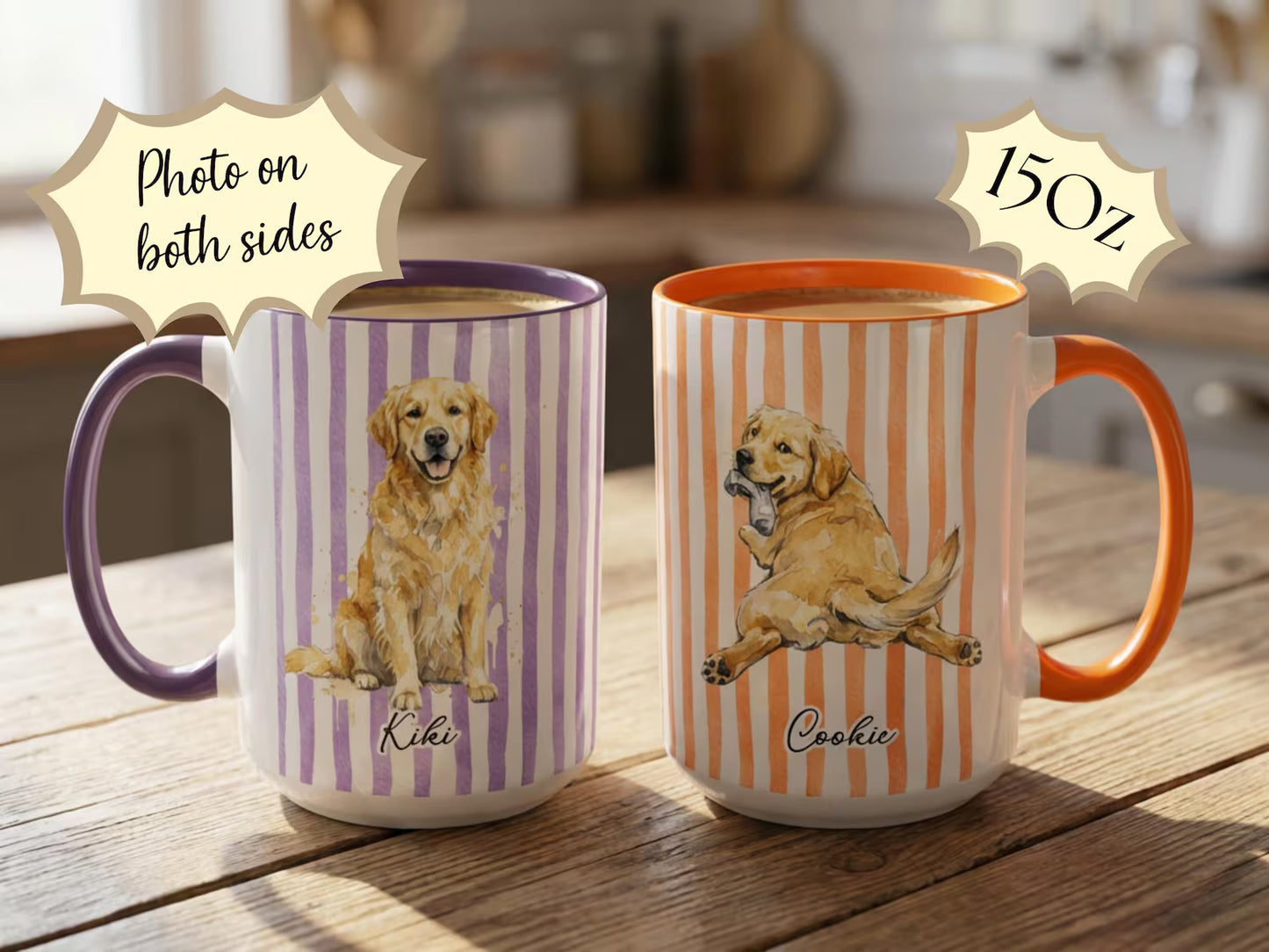 Custom Pet Portrait Mug, Personalized Watercolor Drawing from Dog & Cat Photo Cup, Pet Face Picture Gift for Animal Owner Image Striped Mug