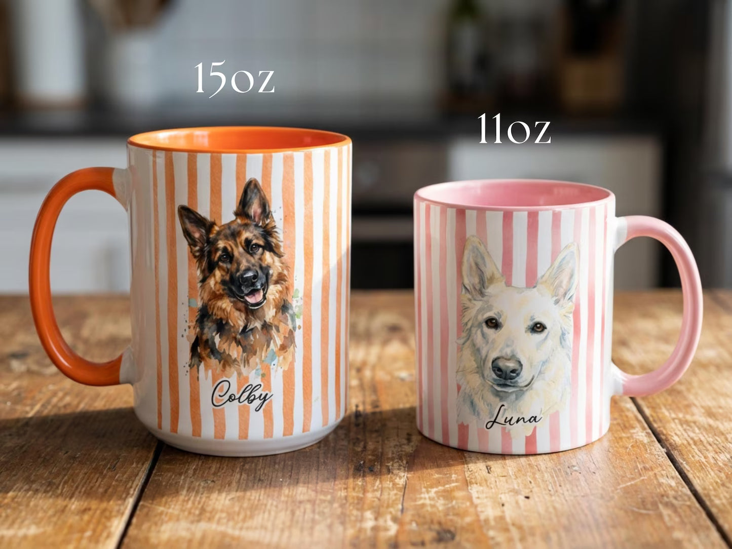 Custom Pet Portrait Mug, Personalized Watercolor Drawing from Dog & Cat Photo Cup, Pet Face Picture Gift for Animal Owner Image Striped Mug