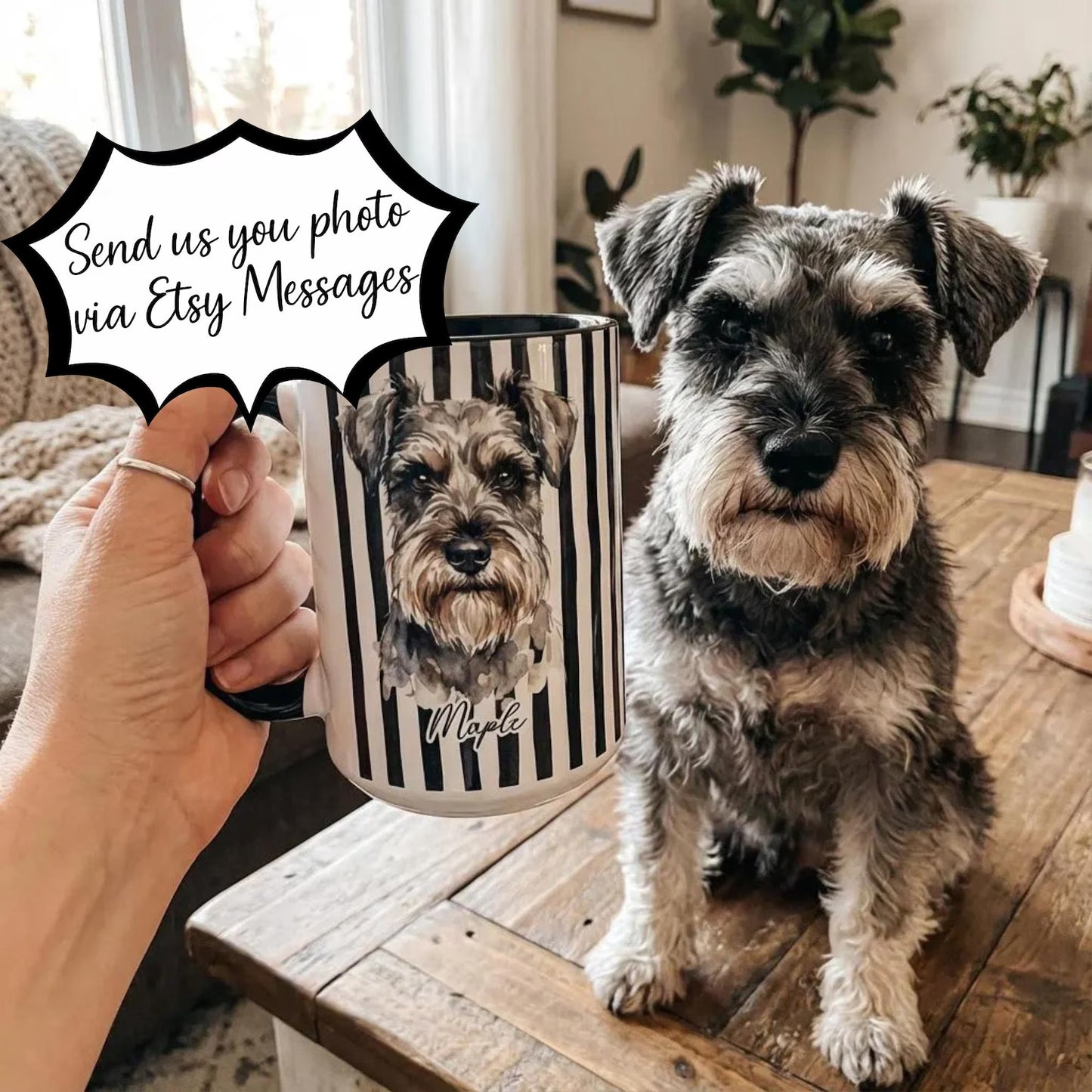 Custom Pet Portrait Mug, Personalized Watercolor Drawing from Dog & Cat Photo Cup, Pet Face Picture Gift for Animal Owner Image Striped Mug