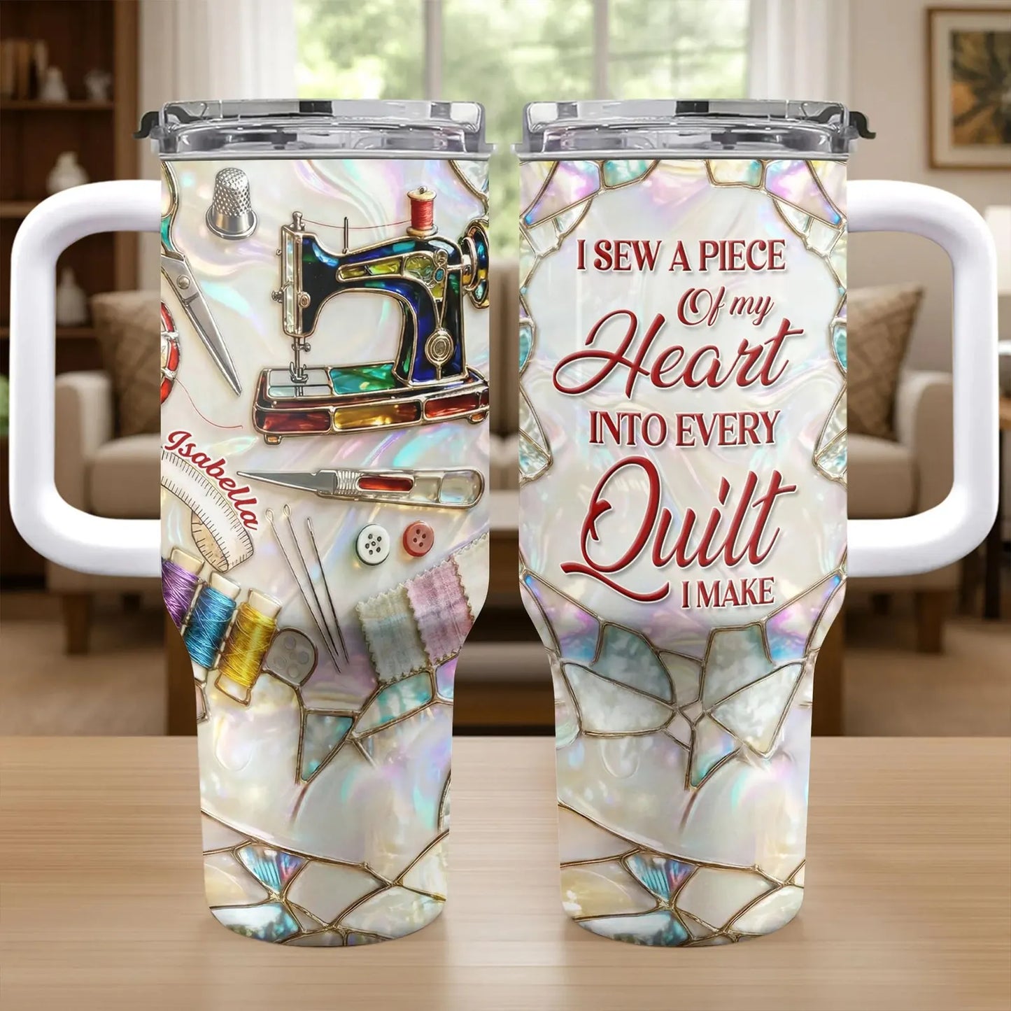 Custom Sewing 3D Effect 40oz Tumbler – Personalized Sewing Lover Cup with Handle, Quilter Gift, Seamstress Gift, Gift for Mom Daughter Her
