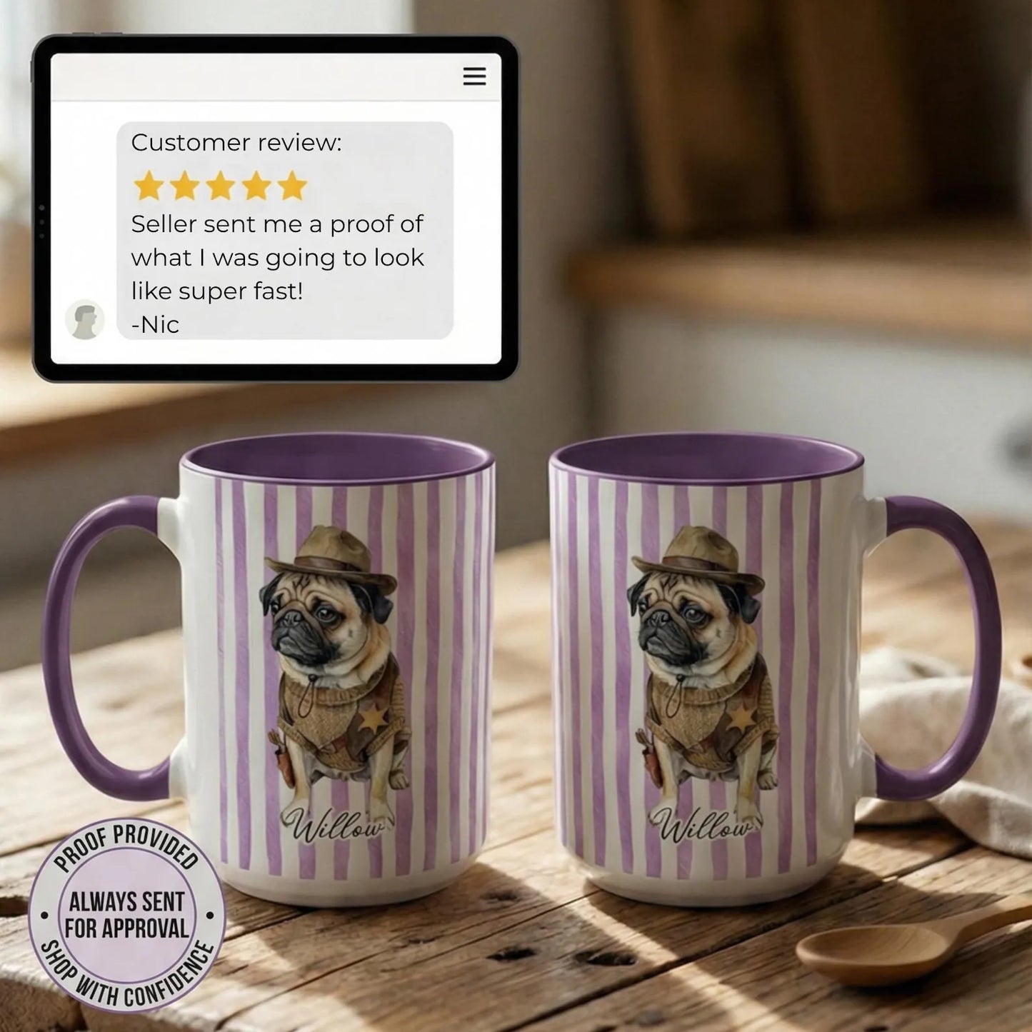 Custom Pet Portrait Mug, Personalized Watercolor Drawing from Dog & Cat Photo Cup, Pet Face Picture Gift for Animal Owner Image Striped Mug