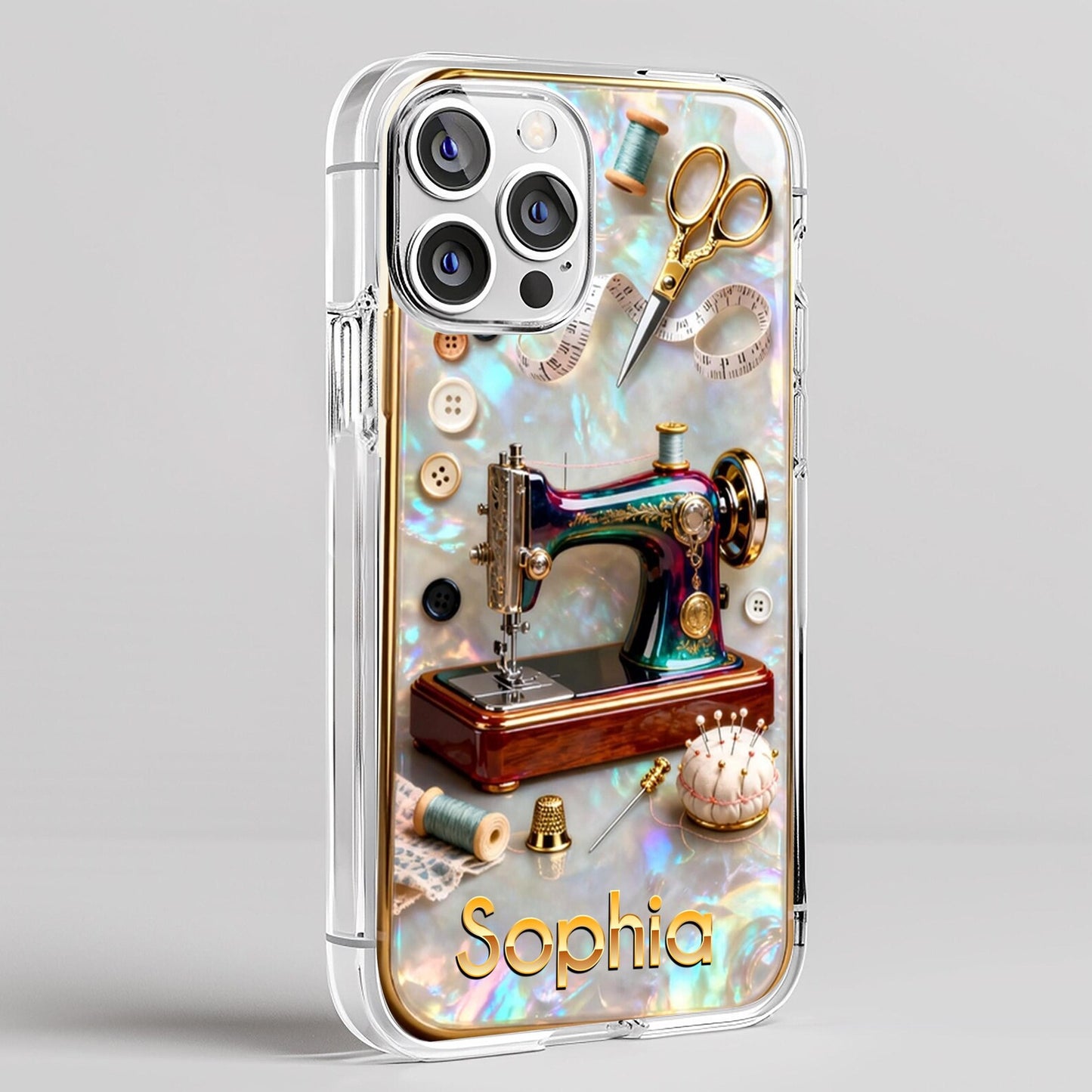 Pearlescent 3D Effect Sewing Lover Phone Case, Personalized Sewing Phone Cover Gifts For Mom, Custom Name Phone Case Sewing for IPHONE