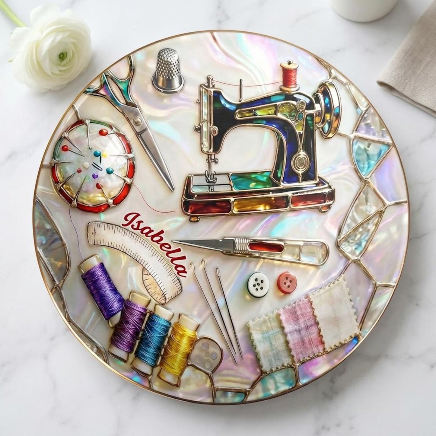 Personalized Round Sewing Jewelry Dish – Custom Ceramic Ring Dish with Name, Seamstress Gift, Quilter Gift
