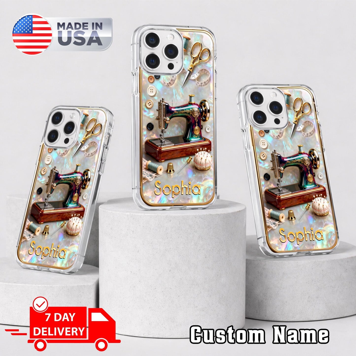 Pearlescent 3D Effect Sewing Lover Phone Case, Personalized Sewing Phone Cover Gifts For Mom, Custom Name Phone Case Sewing for IPHONE