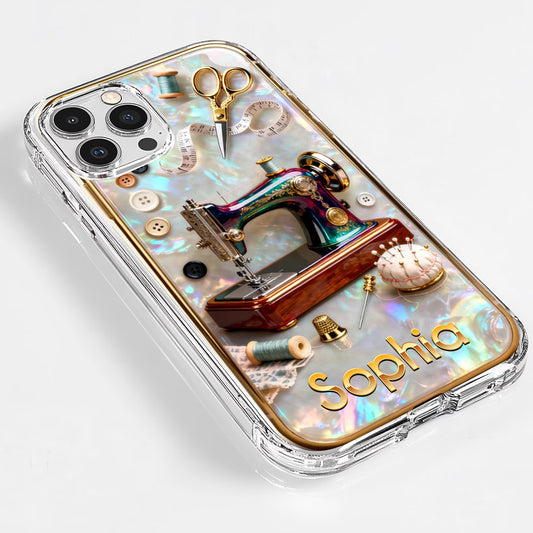 Pearlescent 3D Effect Sewing Lover Phone Case, Personalized Sewing Phone Cover Gifts For Mom, Custom Name Phone Case Sewing for IPHONE