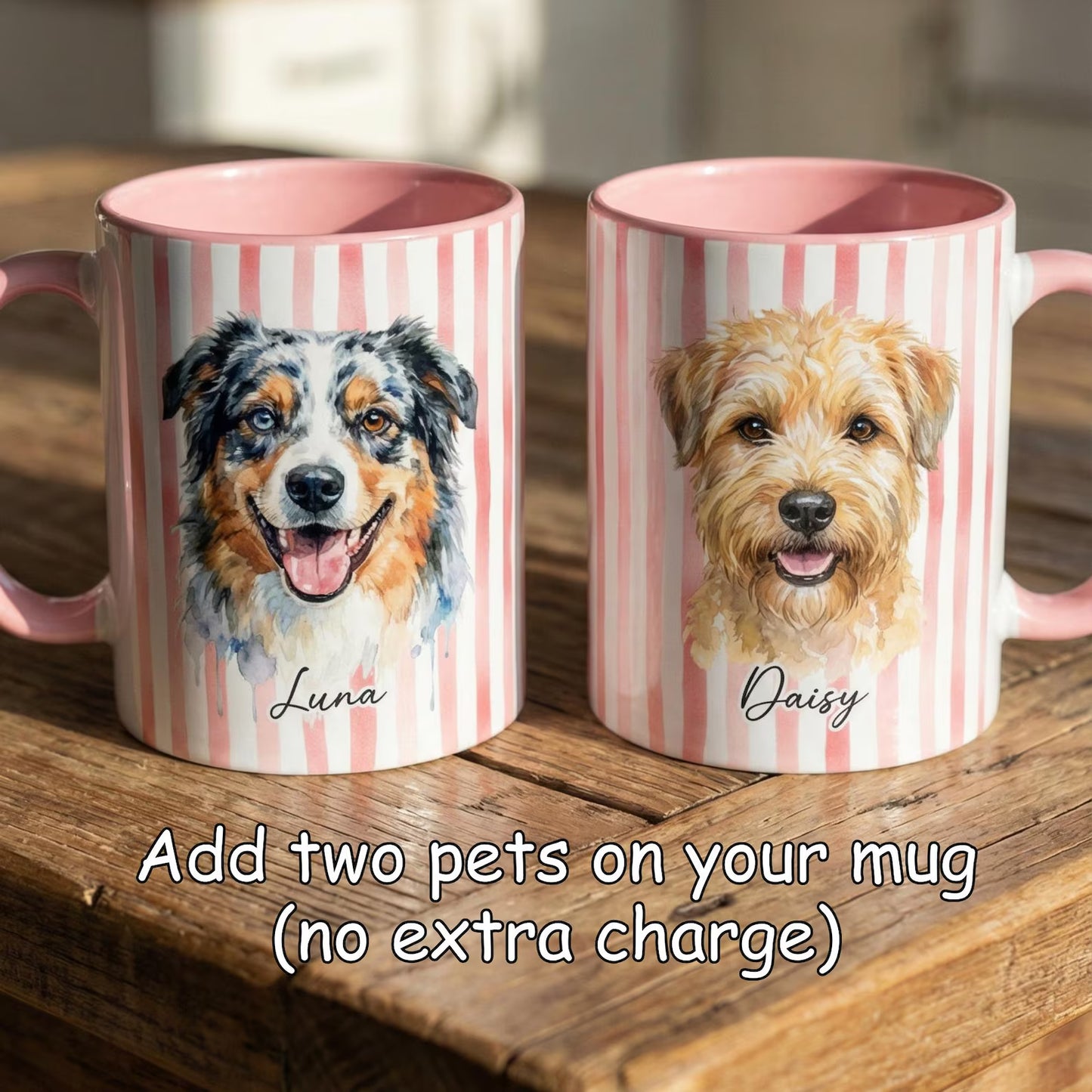 Custom Pet Portrait Mug, Personalized Watercolor Drawing from Dog & Cat Photo Cup, Pet Face Picture Gift for Animal Owner Image Striped Mug