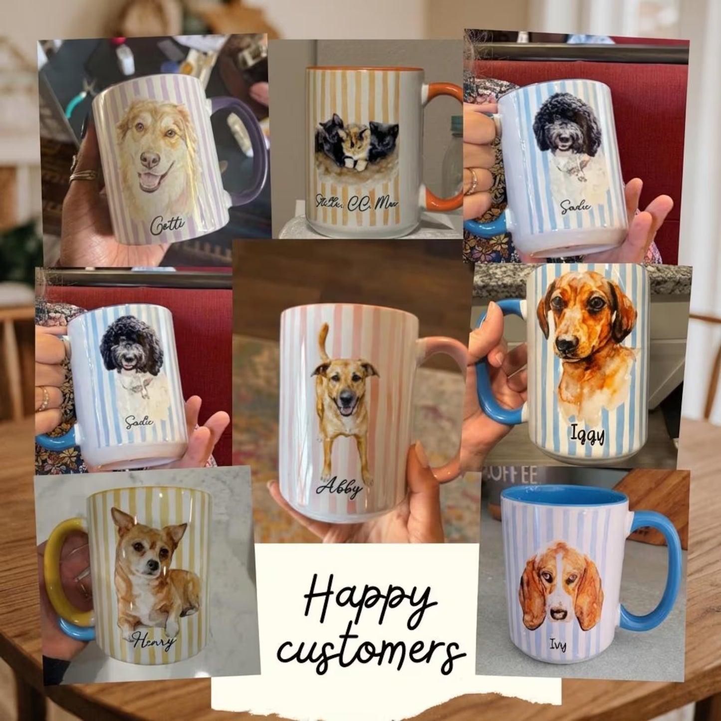 Custom Pet Portrait Mug, Personalized Watercolor Drawing from Dog & Cat Photo Cup, Pet Face Picture Gift for Animal Owner Image Striped Mug