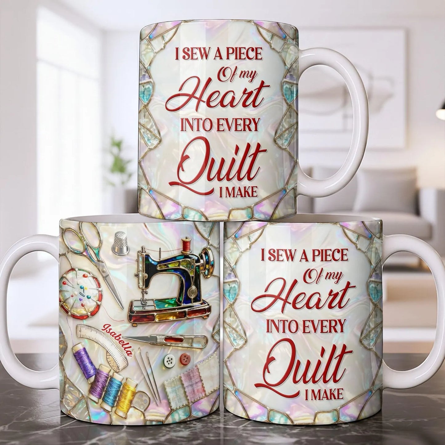 Personalized Sewing Mug with Name – Custom Sewing Machine Coffee Cup, I Sew a Piece of My Heart Into Every Quilt, Quilter Gift for Seamstress