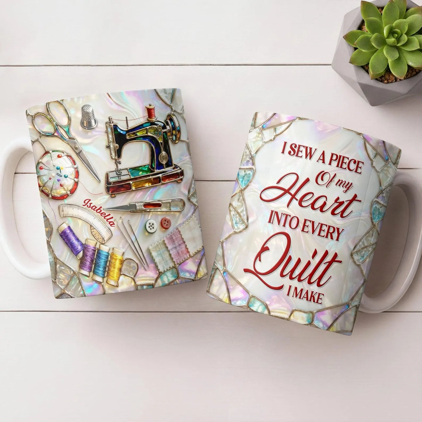 Personalized Sewing Mug with Name – Custom Sewing Machine Coffee Cup, I Sew a Piece of My Heart Into Every Quilt, Quilter Gift for Seamstress