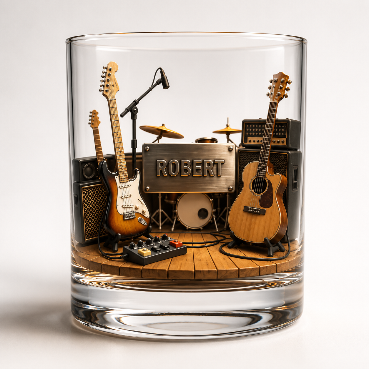 Personalized Guitar Studio Whiskey Glass 3D Effect with Name, 10oz Old Fashioned Glass Gift for Guitarists, Musicians & Music Lovers