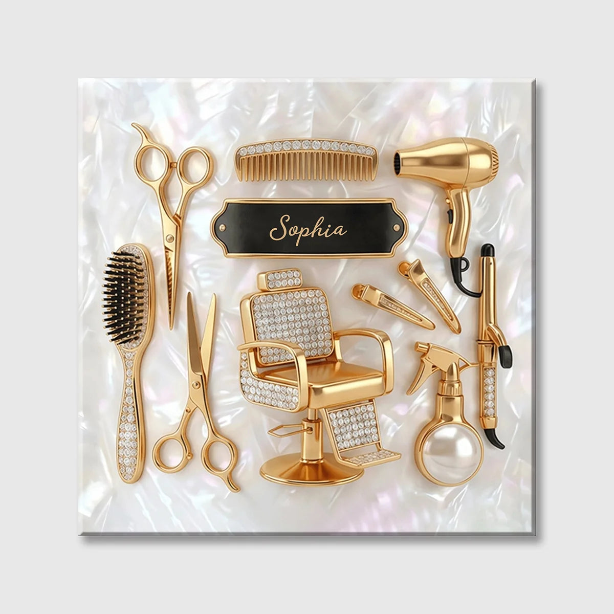 Personalized Gold Salon Tools Canvas Wall Art – Custom Name Hair Stylist & Hairdresser Gift Decor