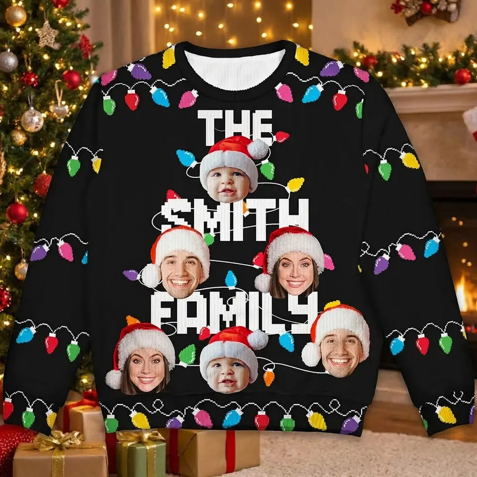 Custom Photo Christmas Light Family Name - Personalized Ugly Sweatshirt