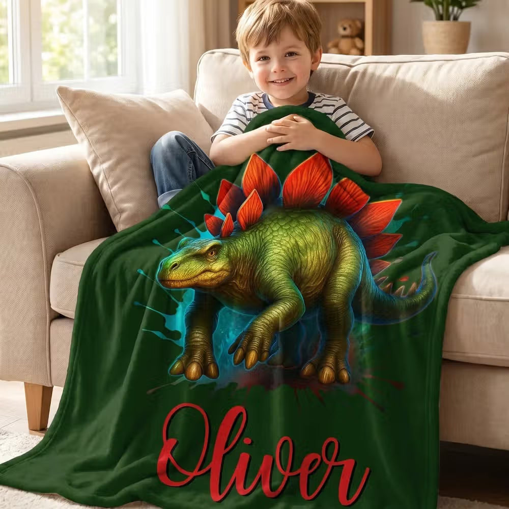 Personalised Dinosaur Fleece Blanket with Name for Kids, Cosy Birthday Gift