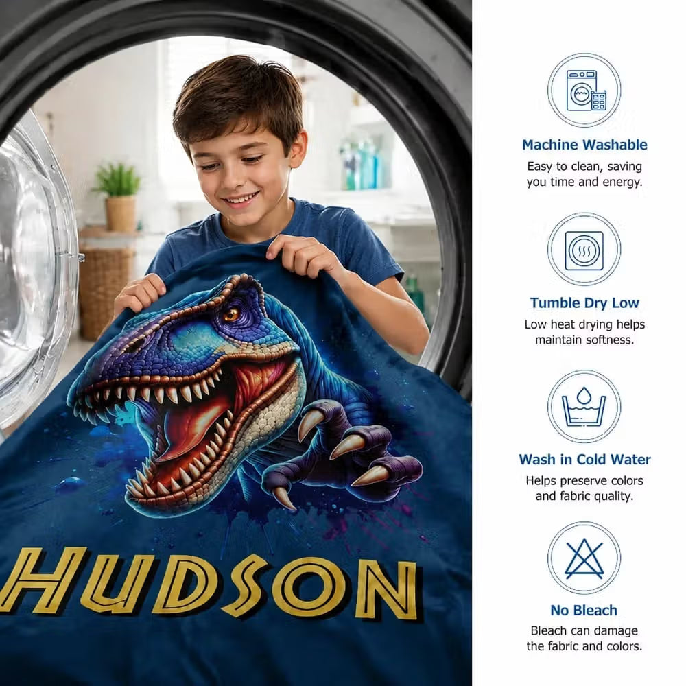 Personalised Dinosaur Fleece Blanket with Name for Kids, Cosy Birthday Gift