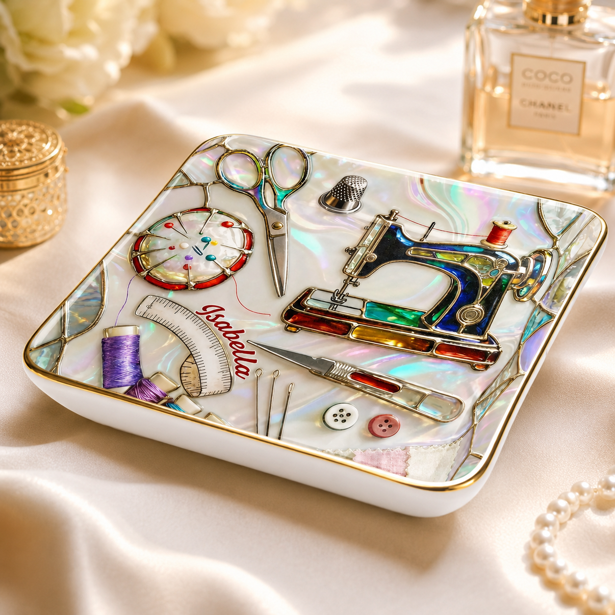 Custom Sewing Jewelry Dish for Sewing Lovers – Personalized Ceramic Ring Dish for Mom, Grandma, Wife, Daughter