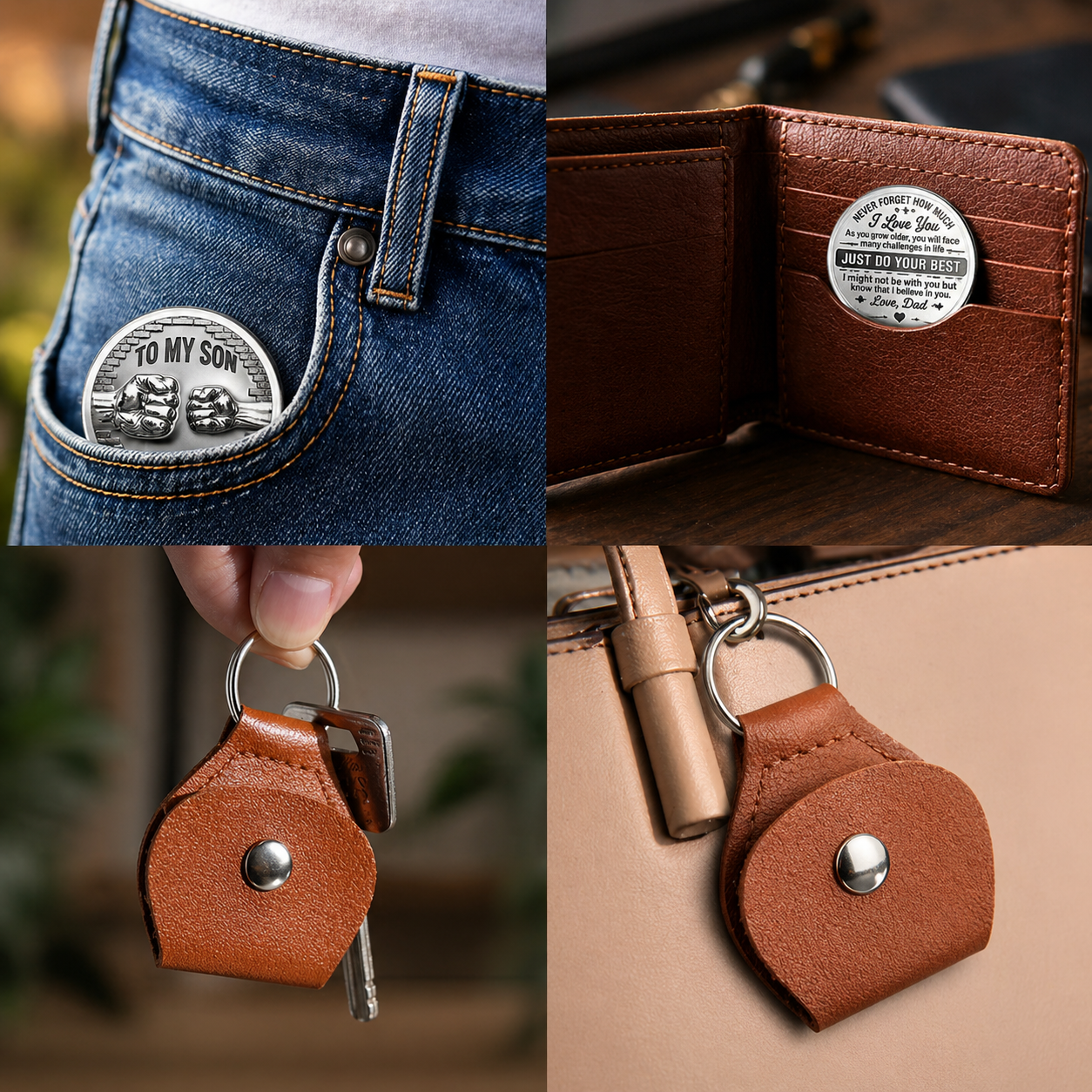 Für meinen Sohn Hosentaschen-Glücksbringer – Personalisiertes Geschenk von Papa, gravierte Nachricht Münze, Leder Schlüsselanhänger, bedeutungsvolles Geschenk für den Sohn