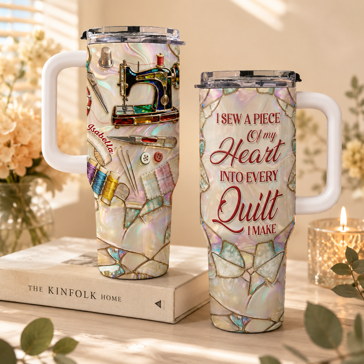 Custom Sewing 3D Effect 40oz Tumbler – Personalized Sewing Lover Cup with Handle, Quilter Gift, Seamstress Gift, Gift for Mom Daughter Her