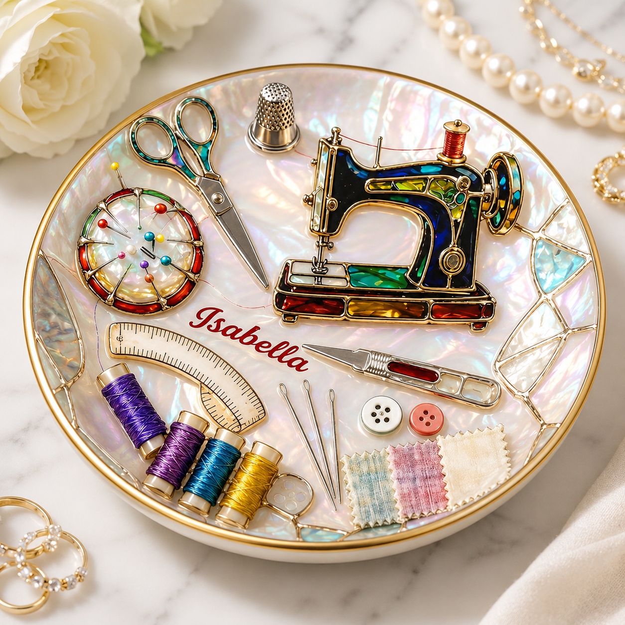 Personalized Round Sewing Jewelry Dish – Custom Ceramic Ring Dish with Name, Seamstress Gift, Quilter Gift