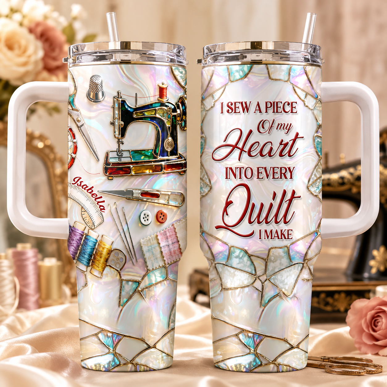 Custom Sewing 3D Effect 40oz Tumbler – Personalized Sewing Lover Cup with Handle, Quilter Gift, Seamstress Gift, Gift for Mom Daughter Her